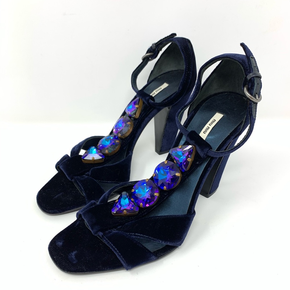 Miu Miu Blue Velvet Jewel High Heel Sandals